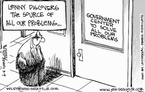 Cartoon of a man in a hallway where 'Lenny discovers the source of all our problems' next to a door that is labelled 'Government Center to Solve All Our Problems'.